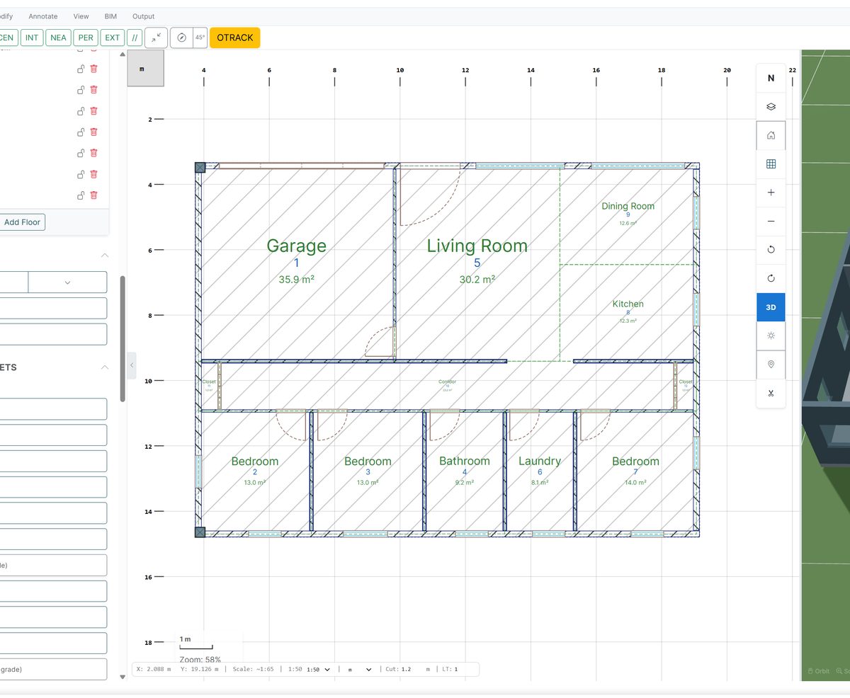 Bimsta 2D floor plan with CAD precision tools